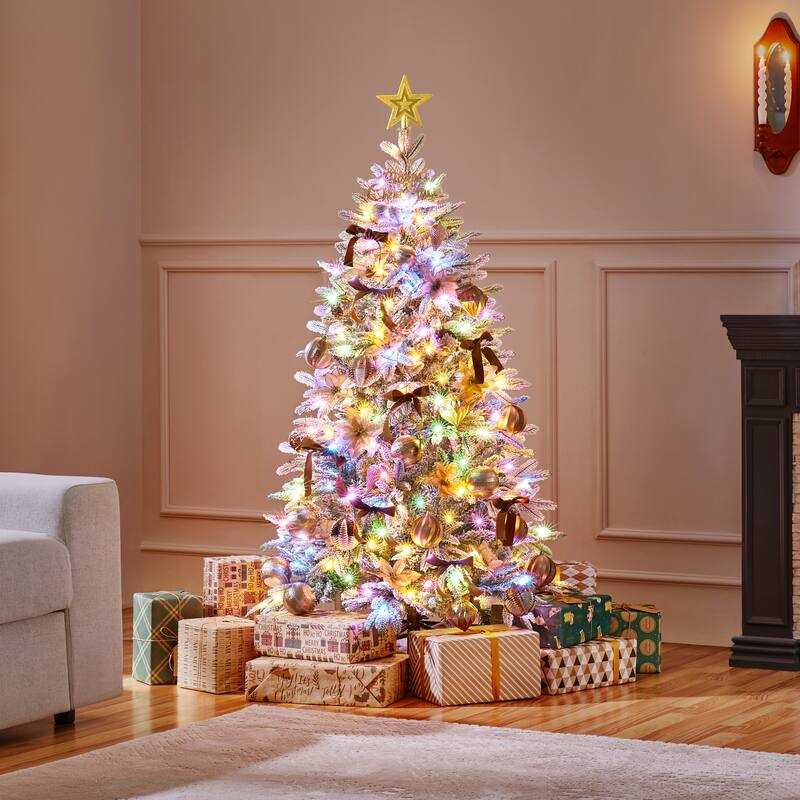 Yaheetech 4.5FT/6FT/7.5FT Pre-lit Snow Flocked Christmas Tree with 200 Multicolored LED Lights - Green - 4.5 Foot