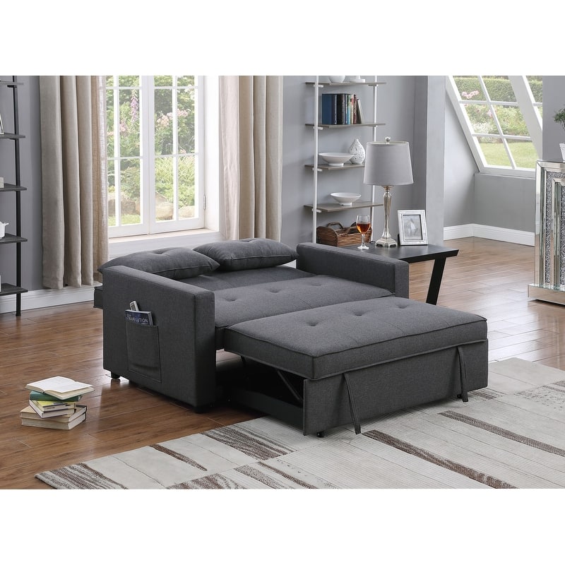 56" Dark Gray Linen Convertible Sleeper Loveseat With Side Pocket