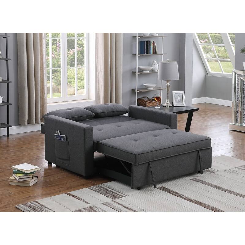 Linen Fabric Convertible Sleeper Loveseat, 2 Seat Loveseat Sofa with Side Pocket, Sofa Bed with Reclining Backrest