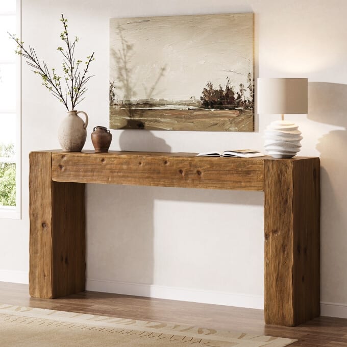 63-inch Solid Wood Console Table, Farmhouse Long Entryway Table