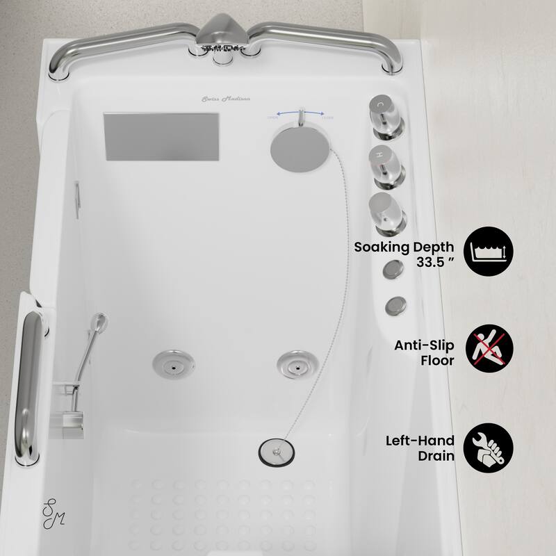 Auvergne 53" X 27" Ada Left Drain Walk-In Soaking Bathtub In White with Faucet Set, Drain, Grab Bars, Pillow - 53