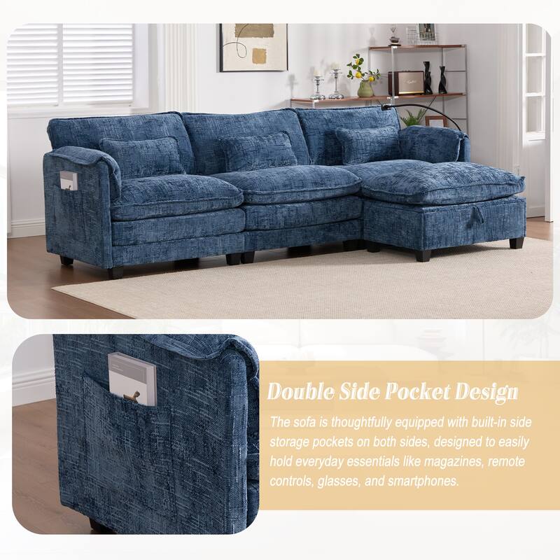 HOMEFUN Chenille Upholstered L-shaped Phone Holder Modular Sectional Sleeper Sofa with Movable Storage Ottoman