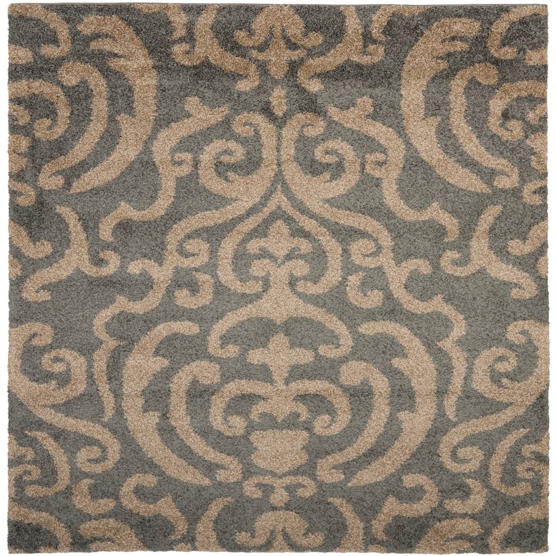 SAFAVIEH Florida Shag Frachia Ornate Damask 1.2-inch Thick Rug - 6'7" Square - Grey/Beige
