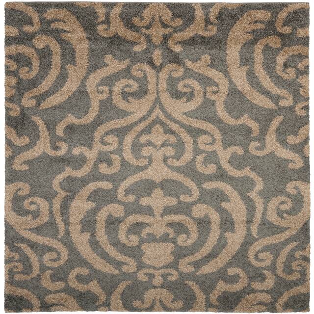 SAFAVIEH Florida Shag Honey Ornate Damask 1.2-inch Thick Rug - 6'7" x 6'7" Square - Grey/Beige