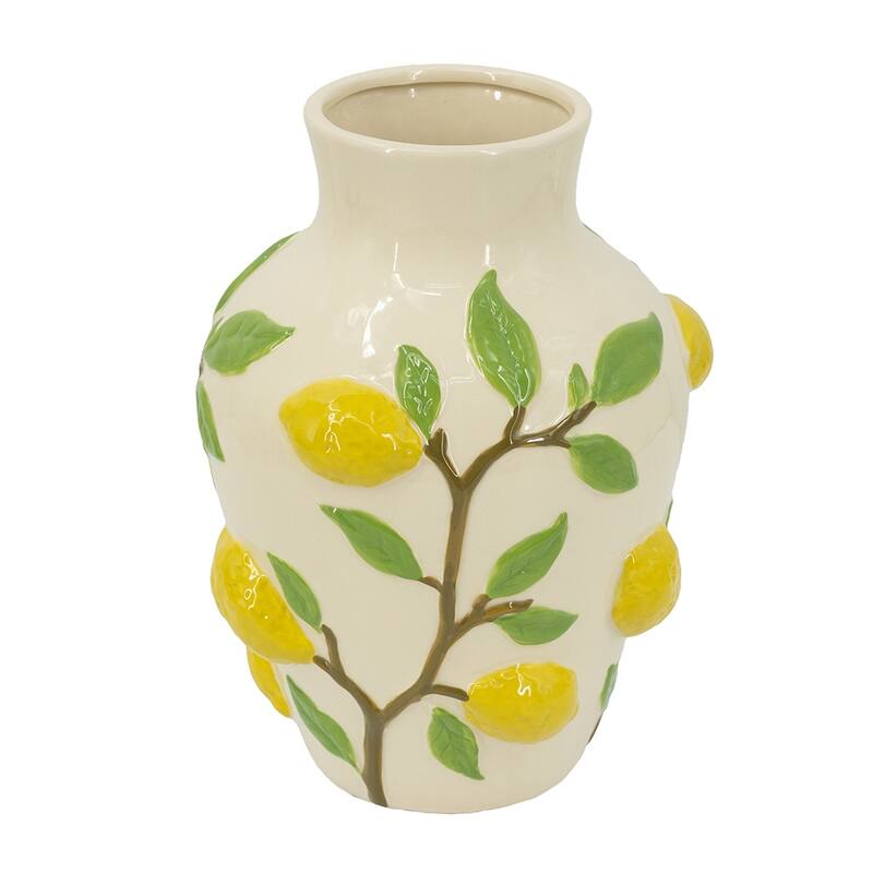 9x9x12.5" White Ceramic Vase with Vibrant Yellow Lemon Accents