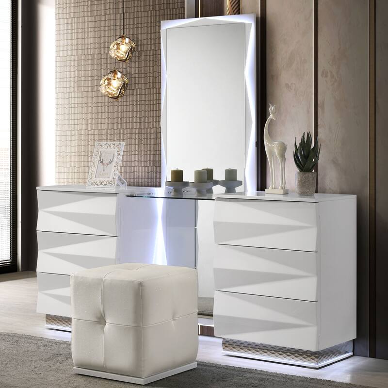 Furniture of America Emrix Modern 2-Piece White 6-Drawer Vanity Set with LED Light and Full-Length Mirror - White
