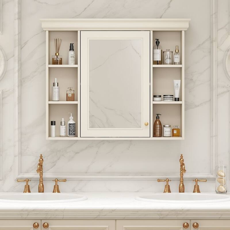 35'' Wall Mounted Bathroom Mirror Cabinet with Adjustable Shelves and Open Storage