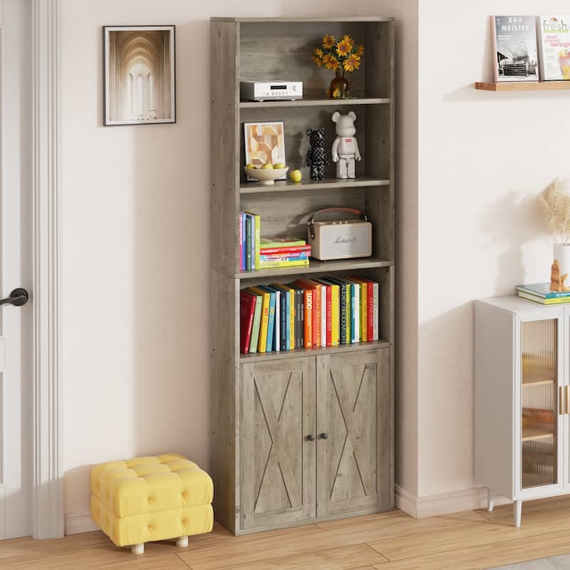 Farmhouse 6-Tier Open Bookcase and Bookshelf with Doors