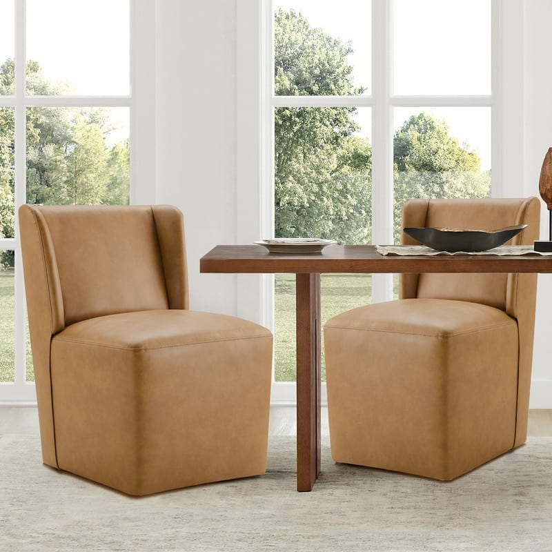 Spruce & Spring Iris Modern Upholstered Fabric Dining Chair with Casters - Set of 2 - Cognac-Faux Leather
