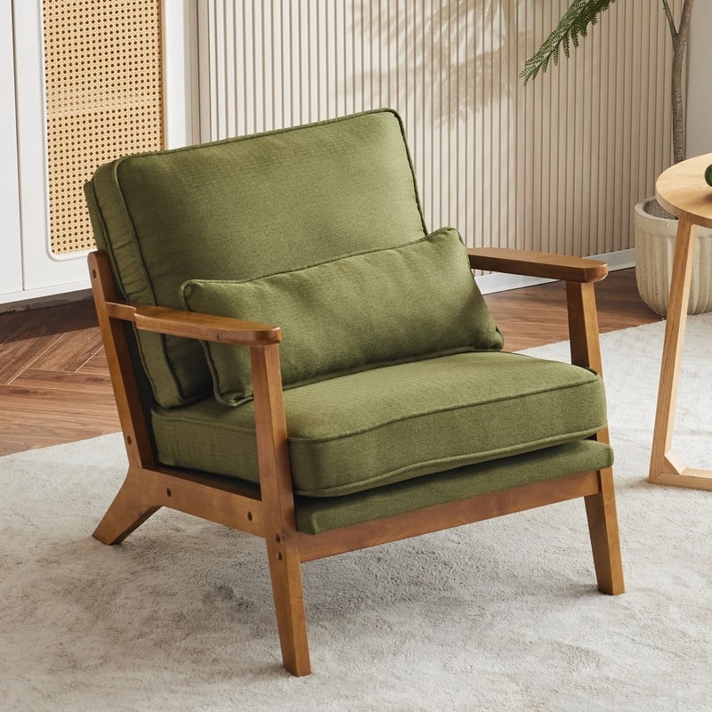 Upholstered Linen Blend Accent Chair with Wooden Legs and One Pillow Beige - Green