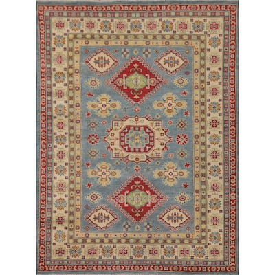 Blue Geometric Kazak Area Rug Handmade Wool Carpet - 5'0" x 6'6"
