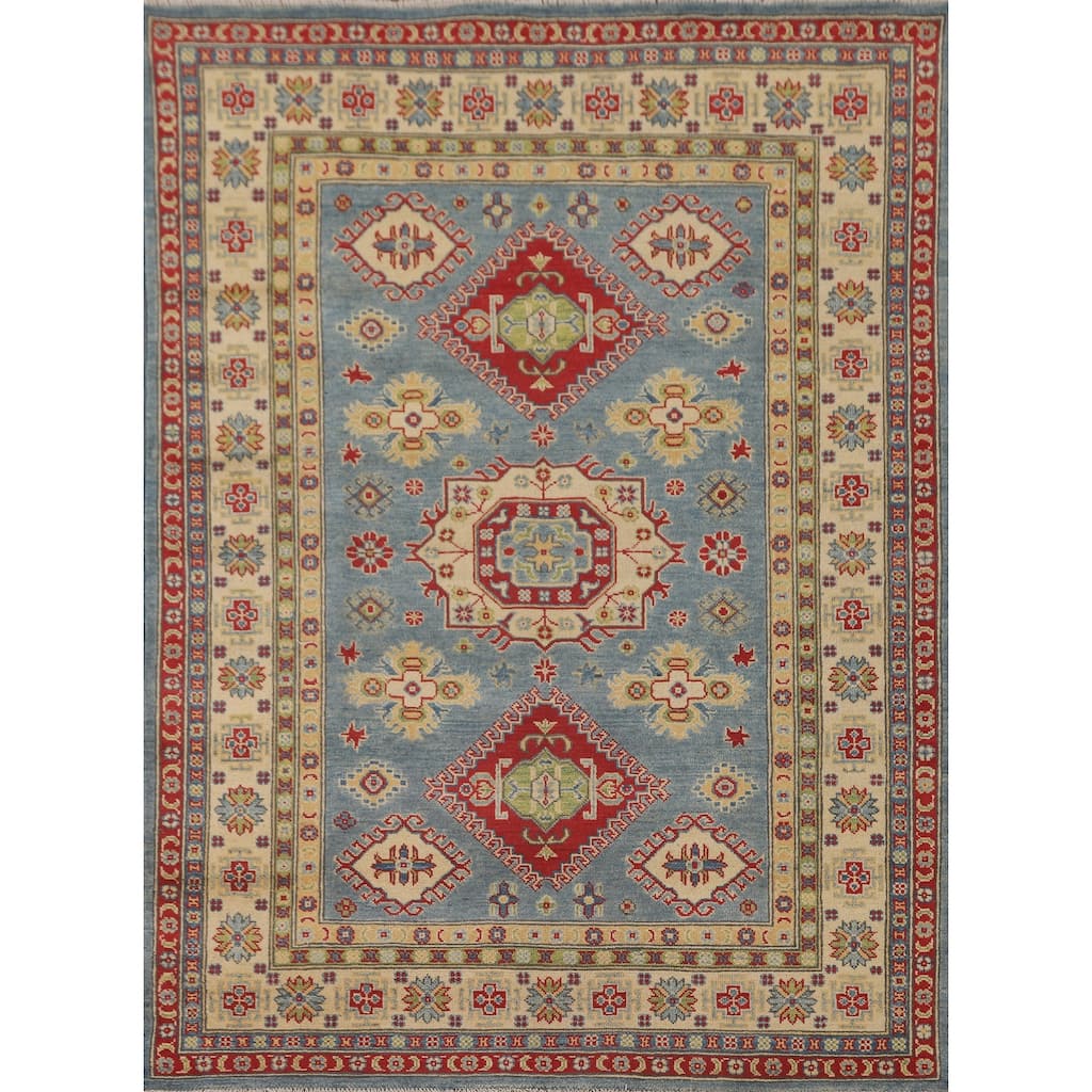 Blue Geometric Kazak Area Rug Handmade Wool Carpet - 5'0" x 6'6"