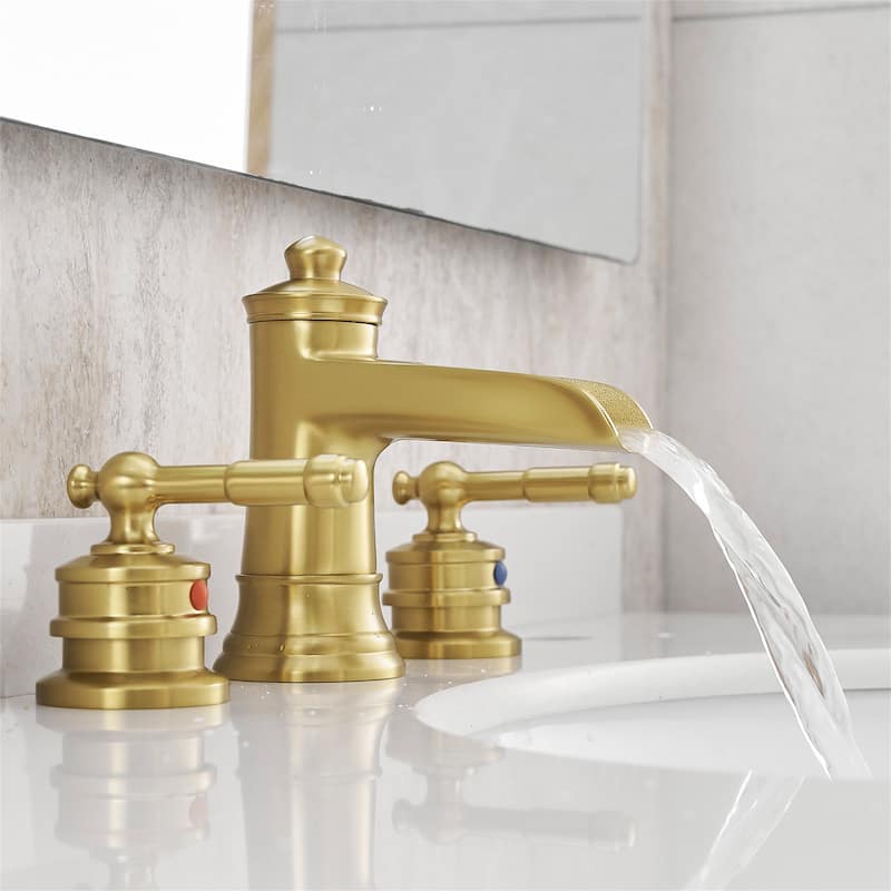 Waterfall 8 Inch Widespread Bathroom Faucet with Pop-up Drain Brass Double Handle Modern Bathroom Sink Basin Taps