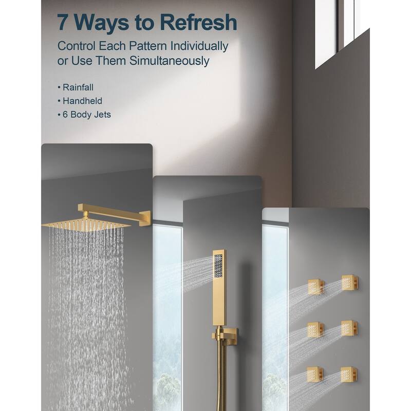 GRANDJOY Thermostatic Shower Faucet Set 12 inch Wall Mount Rainfall Shower Head with 6 Body Jets and Handheld Spray Combo