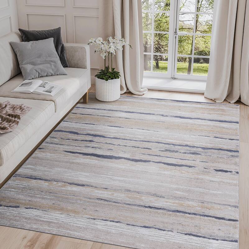 LOOM & LUXE Collection Ivory/Blue/Striped Non-Shedding Area Rug