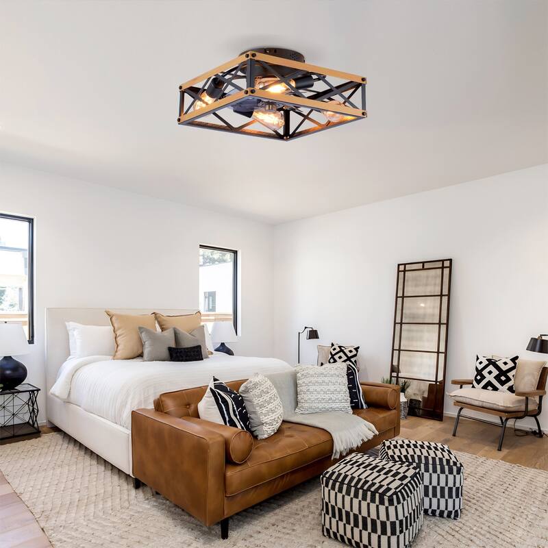 20 inch Flush Mount Ceiling Fan Light with Remote Caged Farmhouse Fandelier Black Wood Low Profile