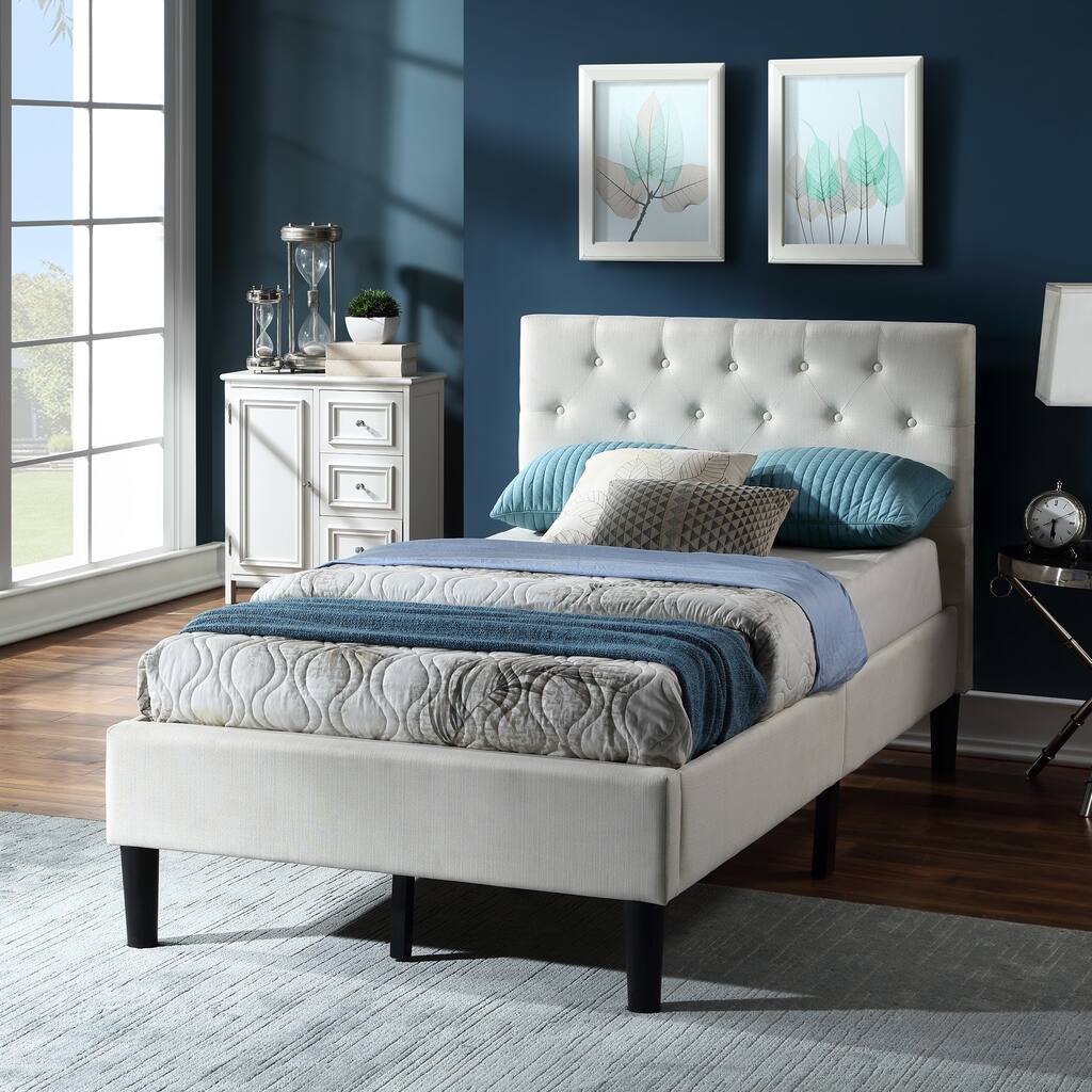 Twin Size Linen Upholstered Platform Bed with Button Tufted Headboard, Wood Frame and Wood Slats