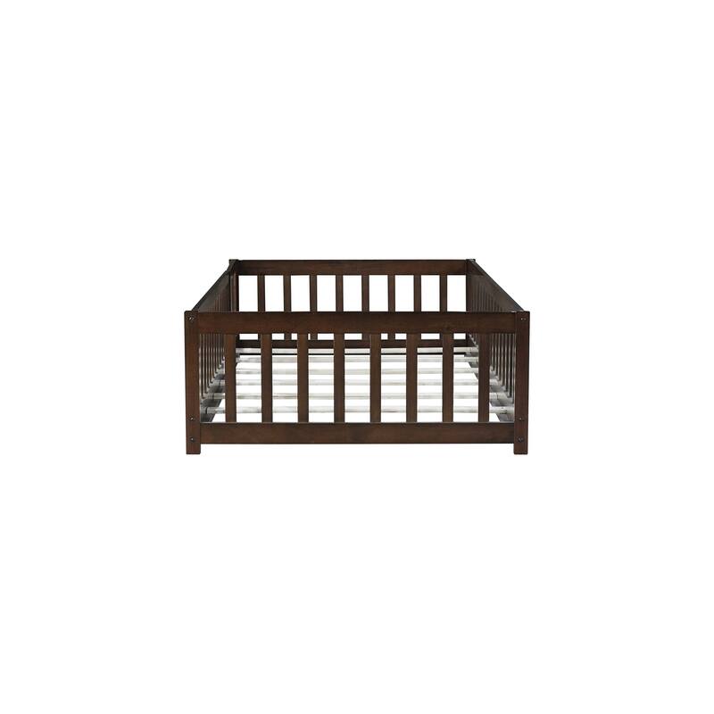 Twin Size Floor Bed with Fence and Door,Rubber Wood Floor Bed with Safety