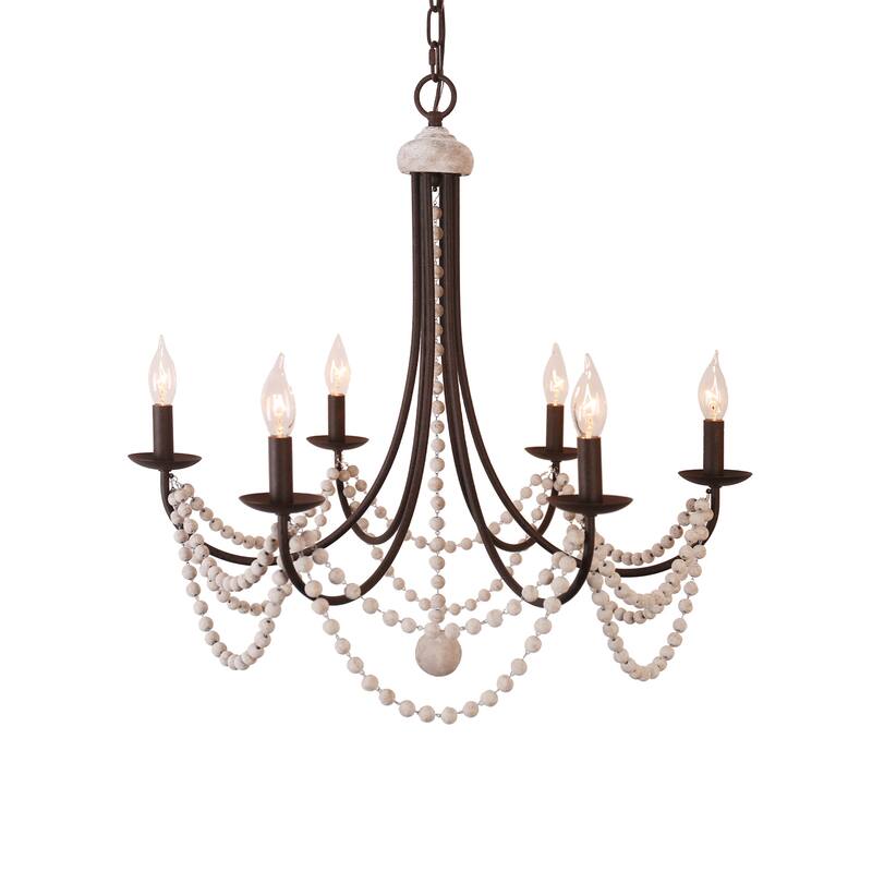 Oaks Aura Mid-Century 6-Light Wood Ceiling Light, Swing Arms French Country Boho Wood Beaded Chandelier