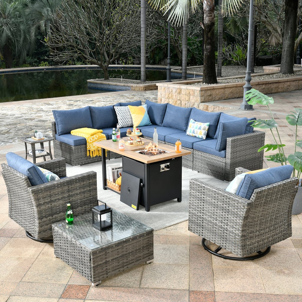 OVIOS Deep Seat Wicker 11-piece Sectional Set Swivel Chairs Fire Pit