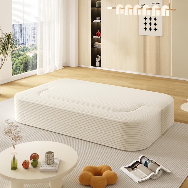 GDFStudio - Modern 78.7" 2-in-1 Plush Corduroy Tufted Upholstered Convertible Foldable Sleeper Sofa Bed with Blanket & 2 Pillows