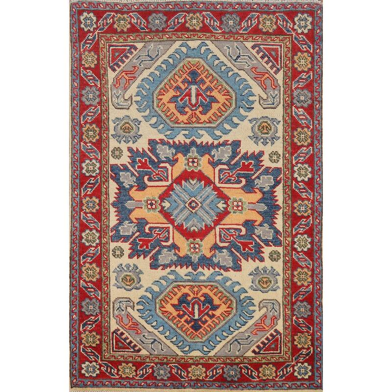 Geometric Kazak Foyer Rug Handmade Beige Wool Carpet - 2'8"x 4'1"