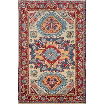 Geometric Kazak Foyer Rug Handmade Beige Wool Carpet - 2'8"x 4'1"