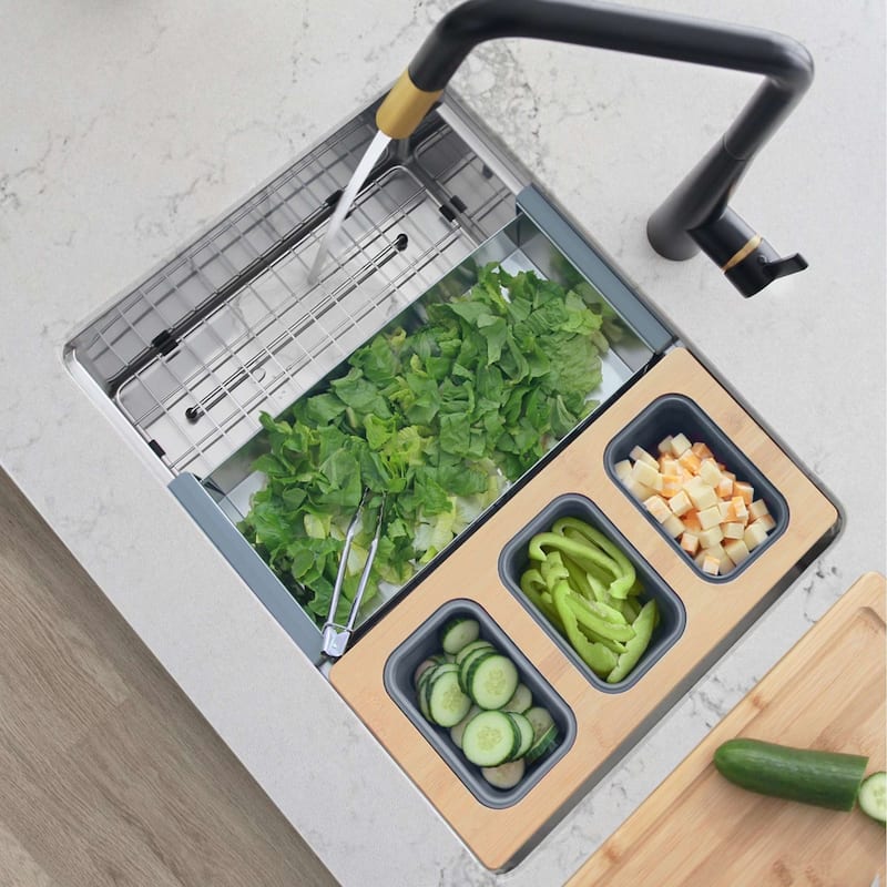 AZUNI 16.75 inch Over the Sink Divided Serving Board with 3 Collapsible Containers - 16.75" x 8.5"