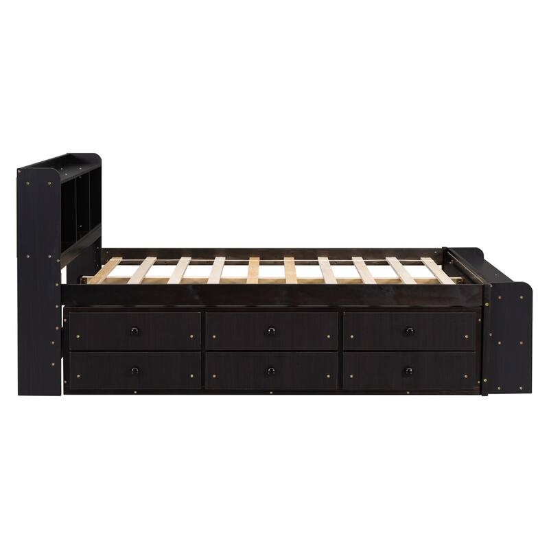 Full Bed w/Bookcase Headboard,Under bed Storage Drawers & Storage Case