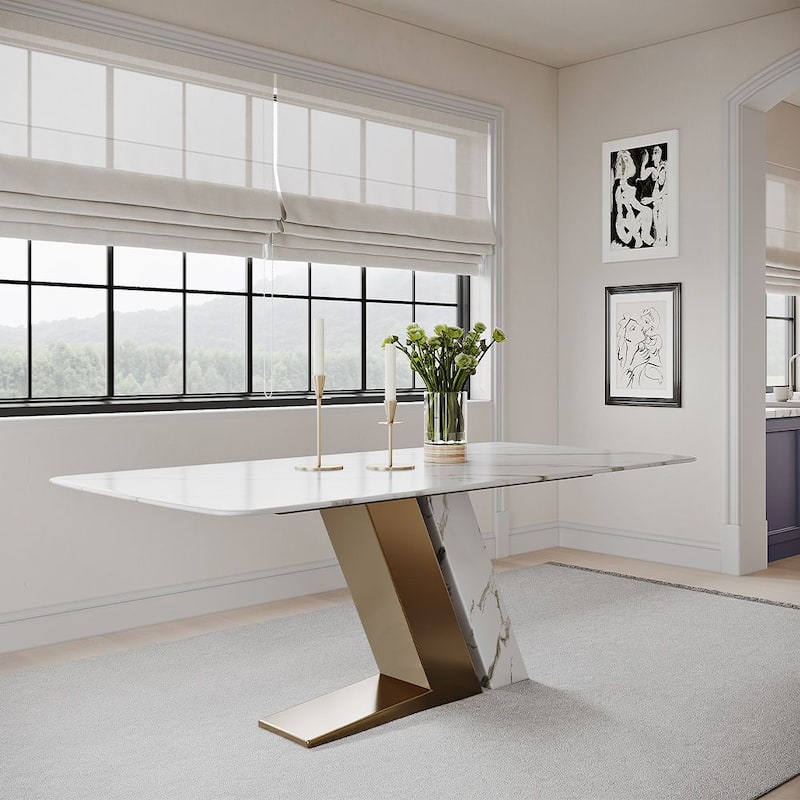 Modern Luxury White Rectangular Dining Table with Glossy Sintered Stone Tabletop, White Z-shaped Stainless Steel Base