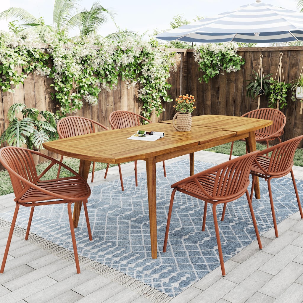 Expandable Acacia Wood Patio Dining Set, Stackable Chairs