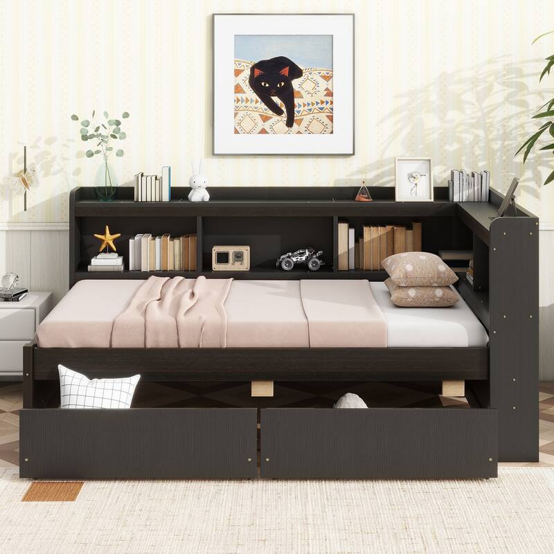 Wooden Platform Sofa Bed Frame with L Shaped Bookcase and Charging Station, Living Room Corner Daybed with 2 Storage Drawers