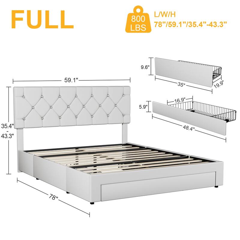 VECELO Bed Frame with Storage Drawers, Leather Upholstered with Diamond Tufted Headboard, Solid Wood Slat Support