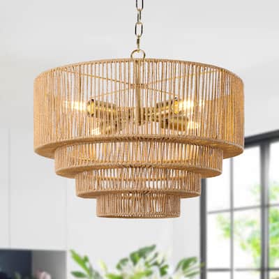4-Light Dimmable Hand-Woven Rattan Tiered Chandelier