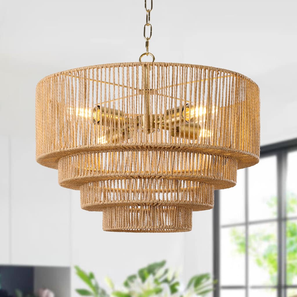 4-Light Dimmable Hand-Woven Rattan Tiered Chandelier