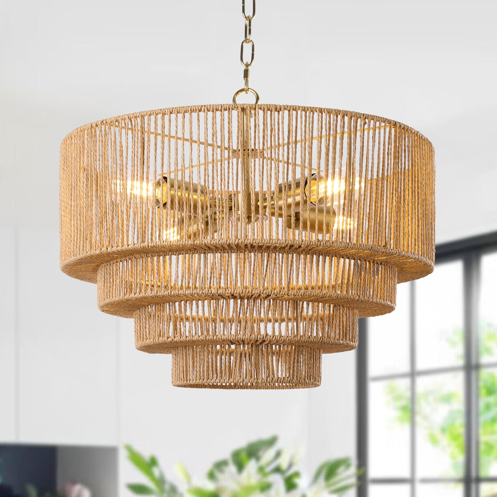 4-Light Dimmable Hand-Woven Rattan Tiered Chandelier