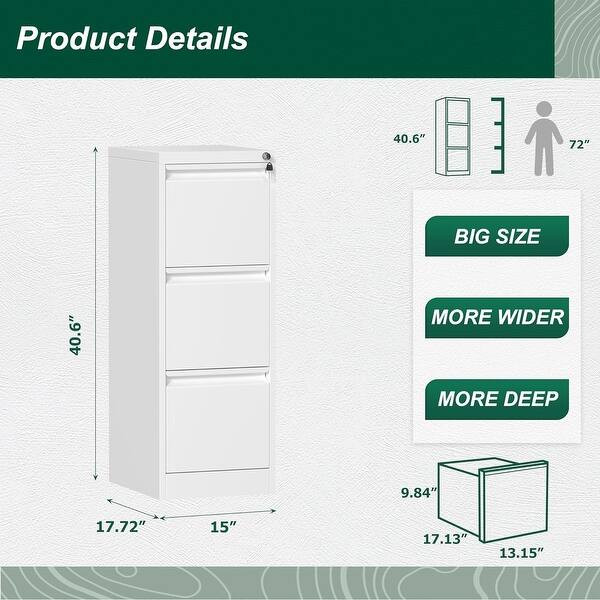 Suncrown 36"W 3 Drawer Large Deep Locking Metal Lateral File