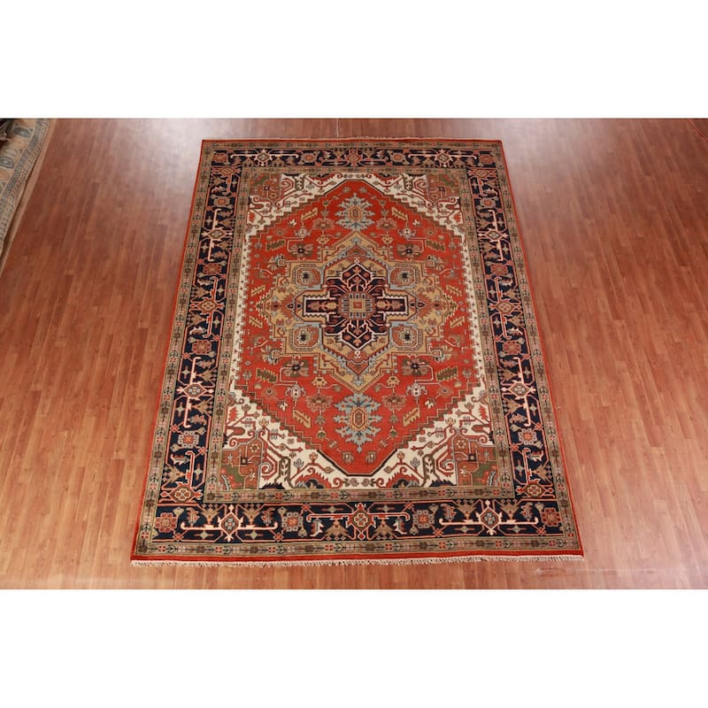 Geometric Heriz Serapi Indian Rug Hand-Knotted Oriental Wool Carpet - 8'11" x 11'11"