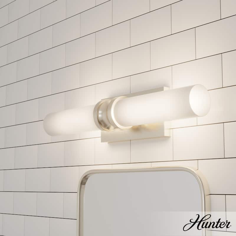 Hunter Lenlock Vanity Wall Light - Art Deco, Damp Rated - 22" - Brushed Nickel-White Glass