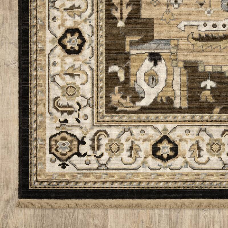 Adelaide Vintage Center Medallion Tan/ Black Wool Blend Area Rug-
