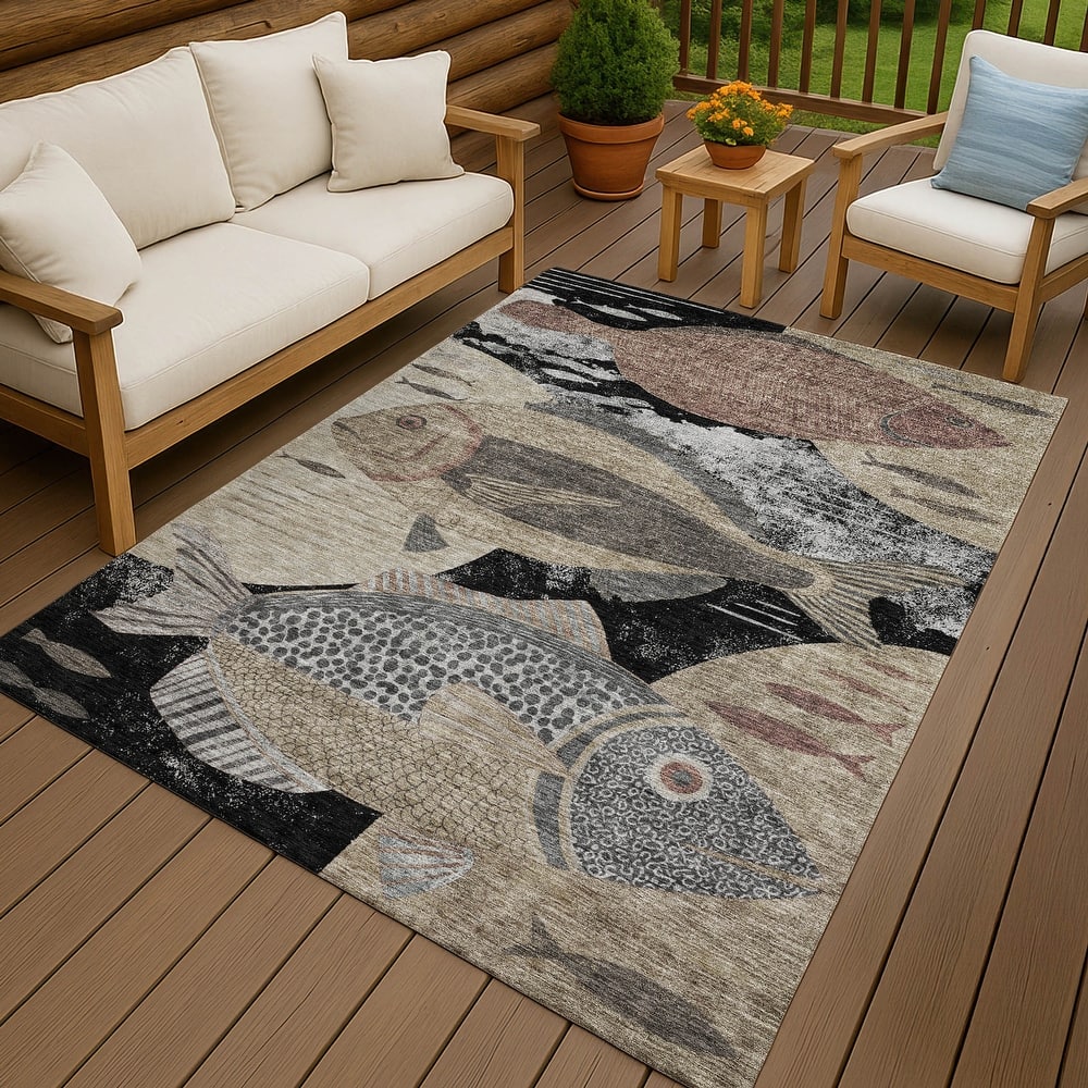 Machine Washable Indoor/ Outdoor Modern Fish Chantille Rug