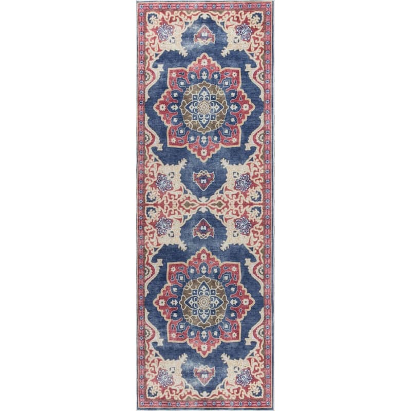 Machine Washable Collection Navy/Red/Beige Medallion Area Rug