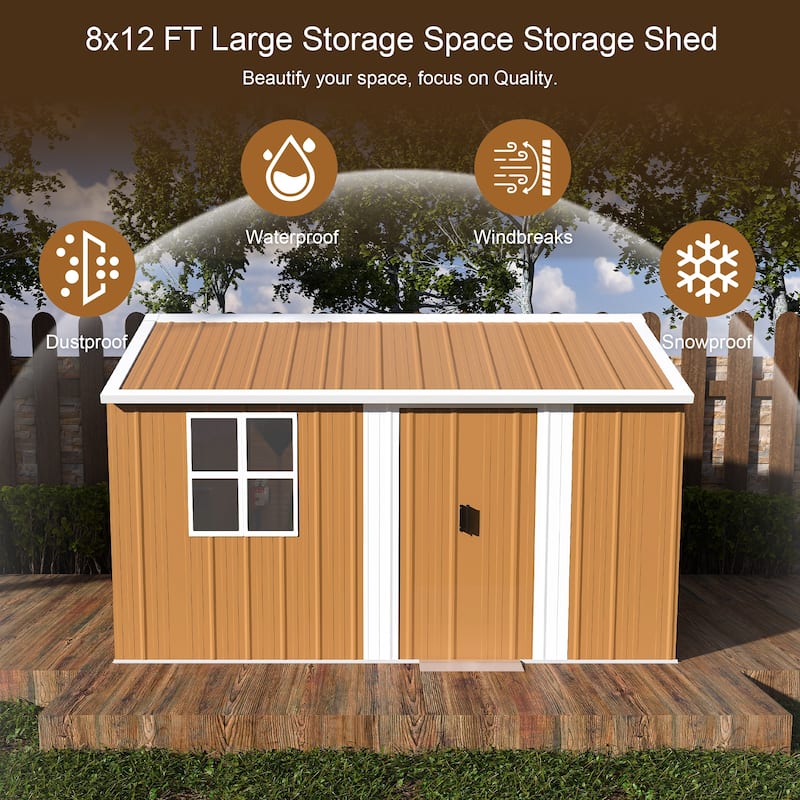 12x8 FT Heavy-Duty Metal Storage Shed with Windows, Lockable Door & Ventilation - Weatherproof Outdoor Garden Shed. - 12x8 FT