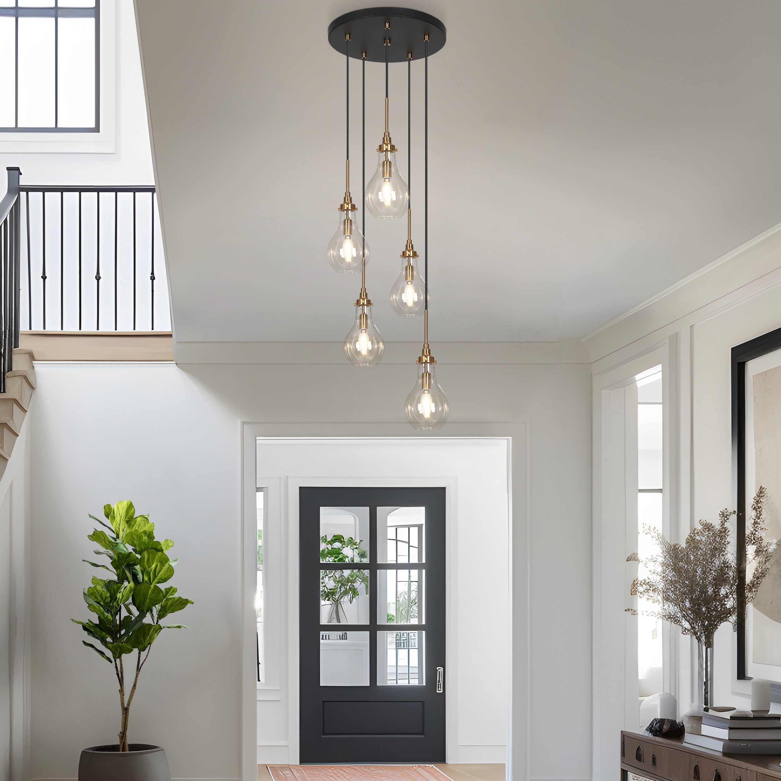 Synia Modern 5-Light Cluster Teardrop Glass Chandelier Stair Entryway Pendant Light for High Ceiling - D15'' x H18.2"-74.2''
