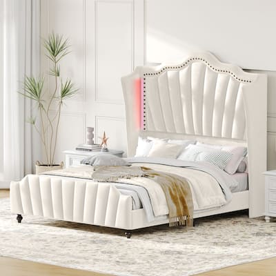 Moasis Velvet Upholstered Platform Bed Frame with 60" Tall Wingback Headboard & LED Light