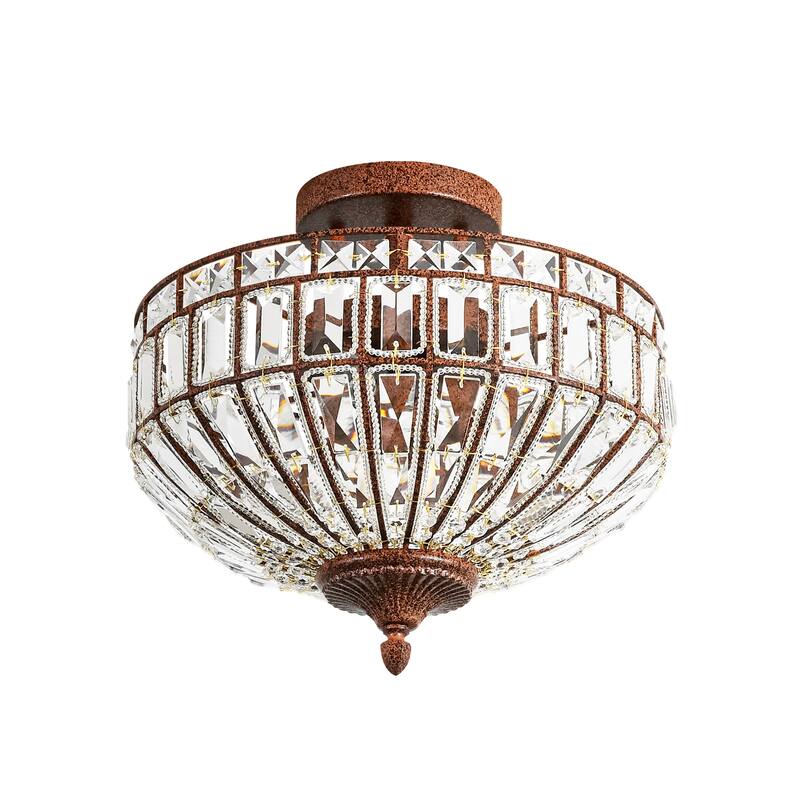 15.6" 3-Light Retro Rust-Colored Bowl Shaped Faceted Clear Crystal Semi-Flush Mount Ceiling Light for Bedroom, Kitchen