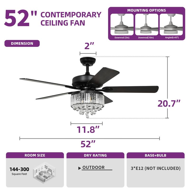 52'' Modern Crystal Ceiling Fan Chandelier with Light Kit and Remote