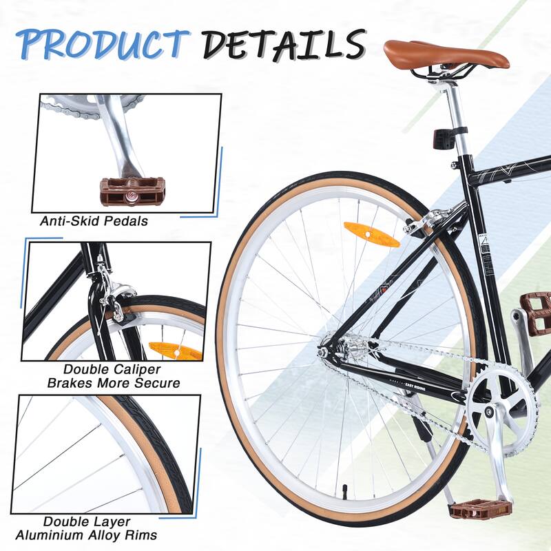 Single-Speed 700C Road Bike for Men and Women, Retro Style Steel Frame with Caliper Brakes