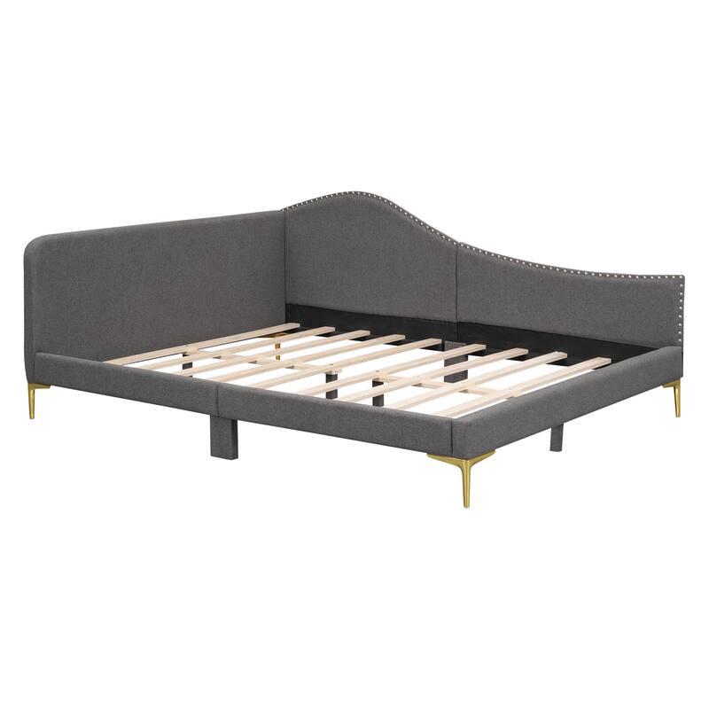 Full Size Platform Bed Frame, Upholstered Daybed with Wave-Shaped Armrest and Metal Support Legs, No Box Spring Required