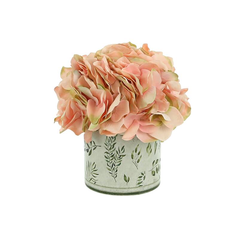 Hydrangea Arrangement in a Glass Vase - Pink, Green